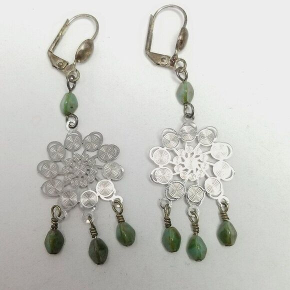 Vintage Dangle Earrings, Silver Tone and Green Beaded Fringe, Retro Estate - Picture 1 of 4